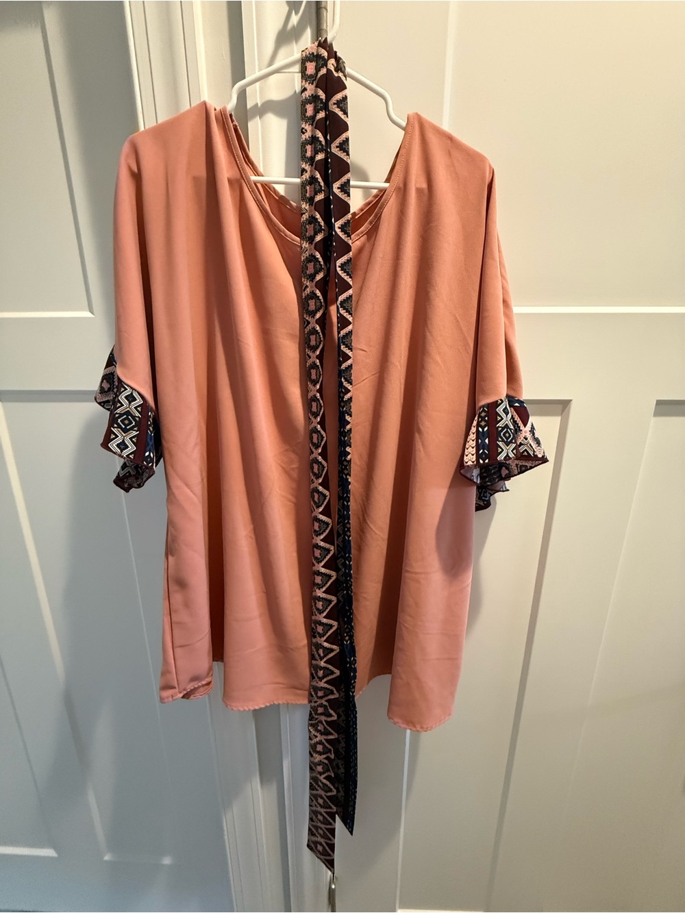 Shein Peach Tunic Blouse with Patterned Trim and Tie-Waist